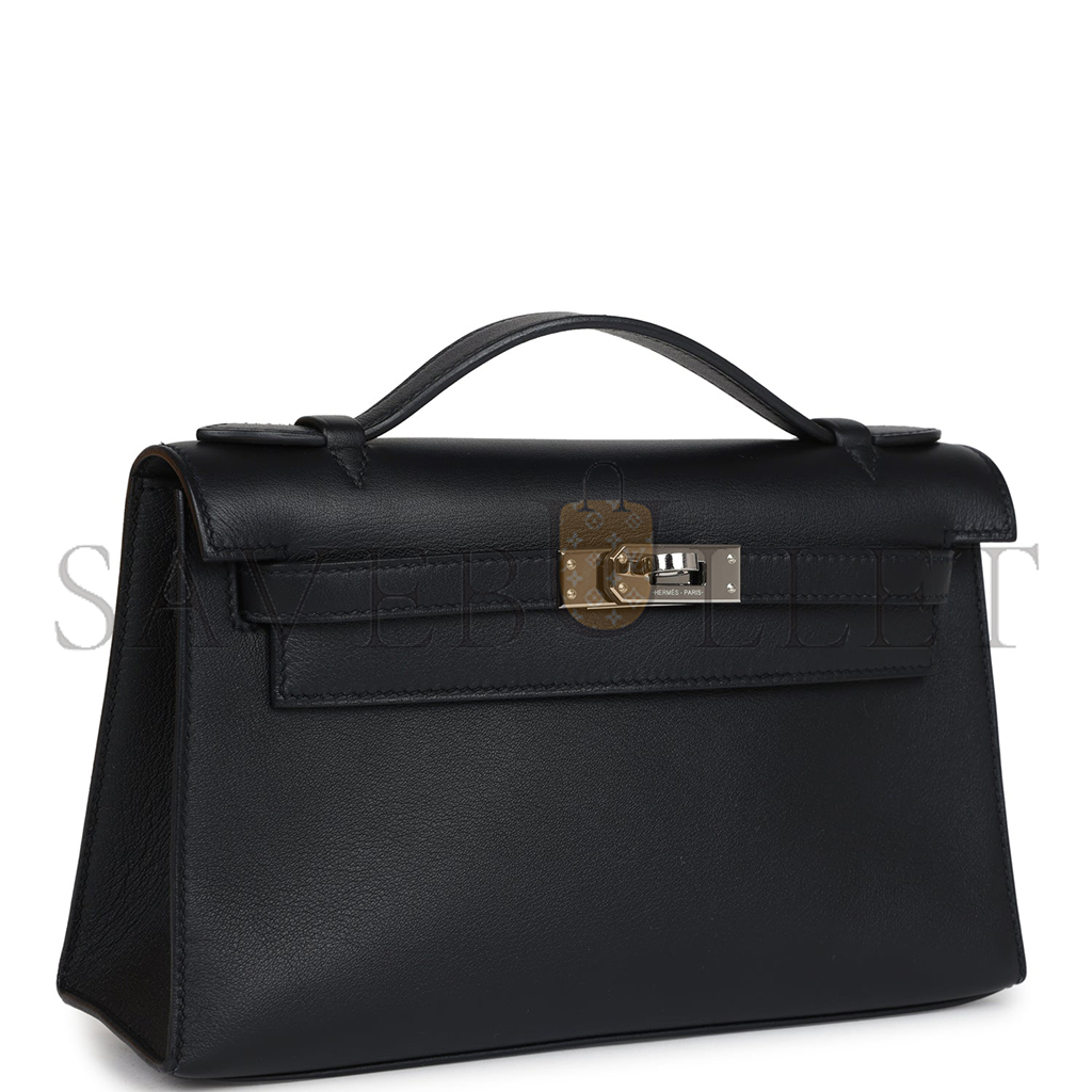 H**mes kelly pochette black with velvet green swift palladium hardware (22*14*7cm)